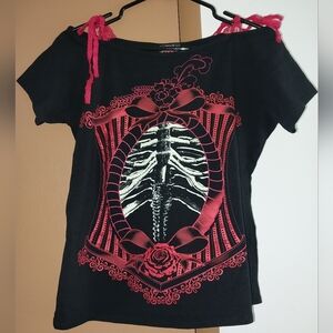 Too Fast Goth Mallgoth corset ribcage print red ribbon off the shoulder t-shirt